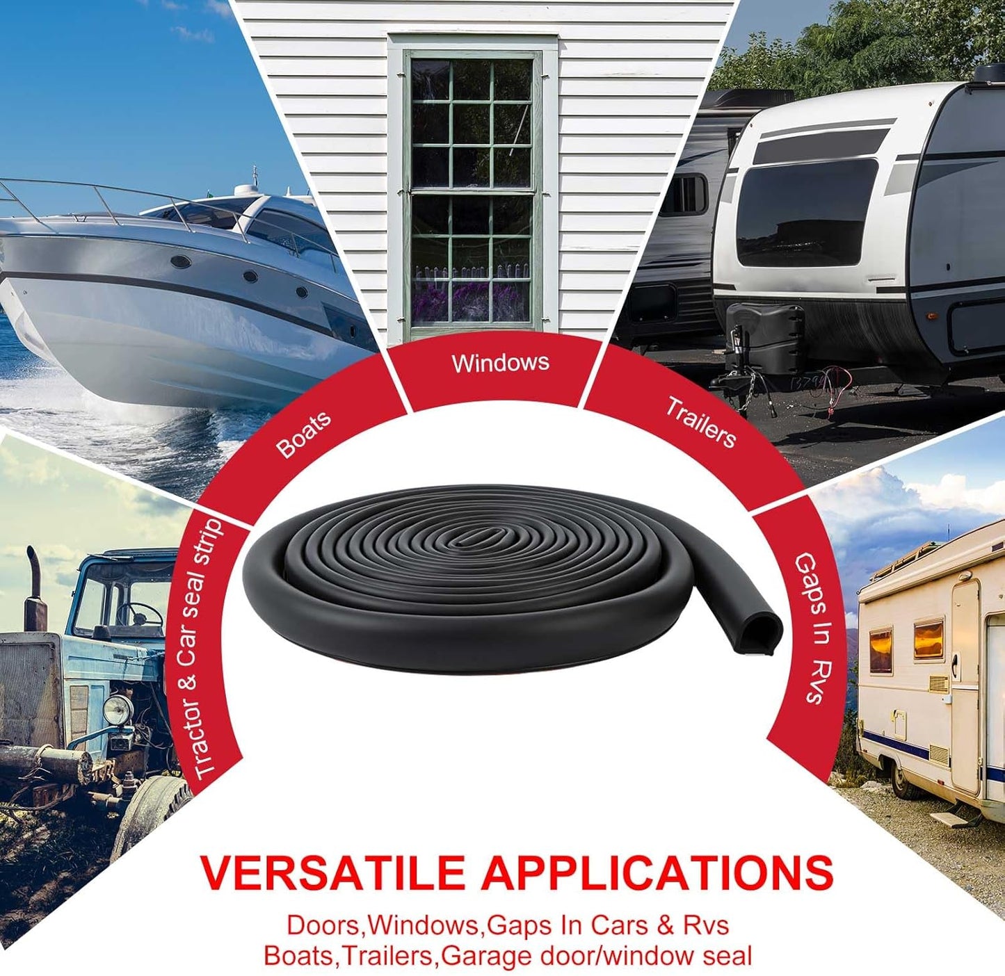 Pangda 10Ft D Shape Rubber Weather Stripping Foam Self-Adhesive EPDM Door Seal Strip for Noise Reduction Waterproof Dustproof for Cars Boats Truck RVs Windows Doors (3/4" W × 3/4" H)