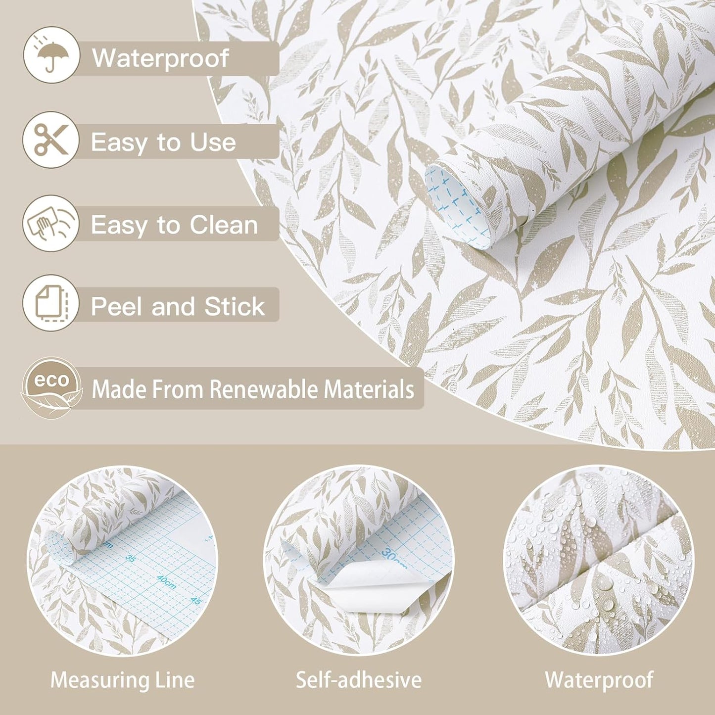 Safiyya Peel and Stick Wallpaper Boho Modern Beige Leaf Contact Paper Peel and Stick Wall Paper Self Adhesive Removable Wallpaper for Bedroom Bathroom Vinyl Roll 78.7"x17.3"