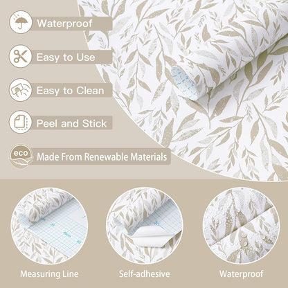 Safiyya Peel and Stick Wallpaper Boho Modern Beige Leaf Contact Paper Peel and Stick Wall Paper Self Adhesive Removable Wallpaper for Bedroom Bathroom Vinyl Roll 78.7"x17.3"