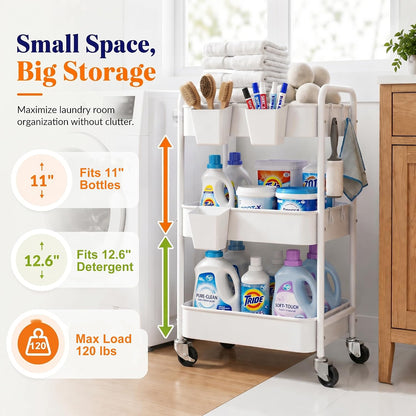 2 Tier Small Rolling Cart Metal with Wheels, White Under Desk Storage Cart on Wheels, Short Utility Roller Caddy Carts Organizer for Art,Craft,Pantry,Bathroom, Two Tiered Shelf Trolley,22 Inches Tall