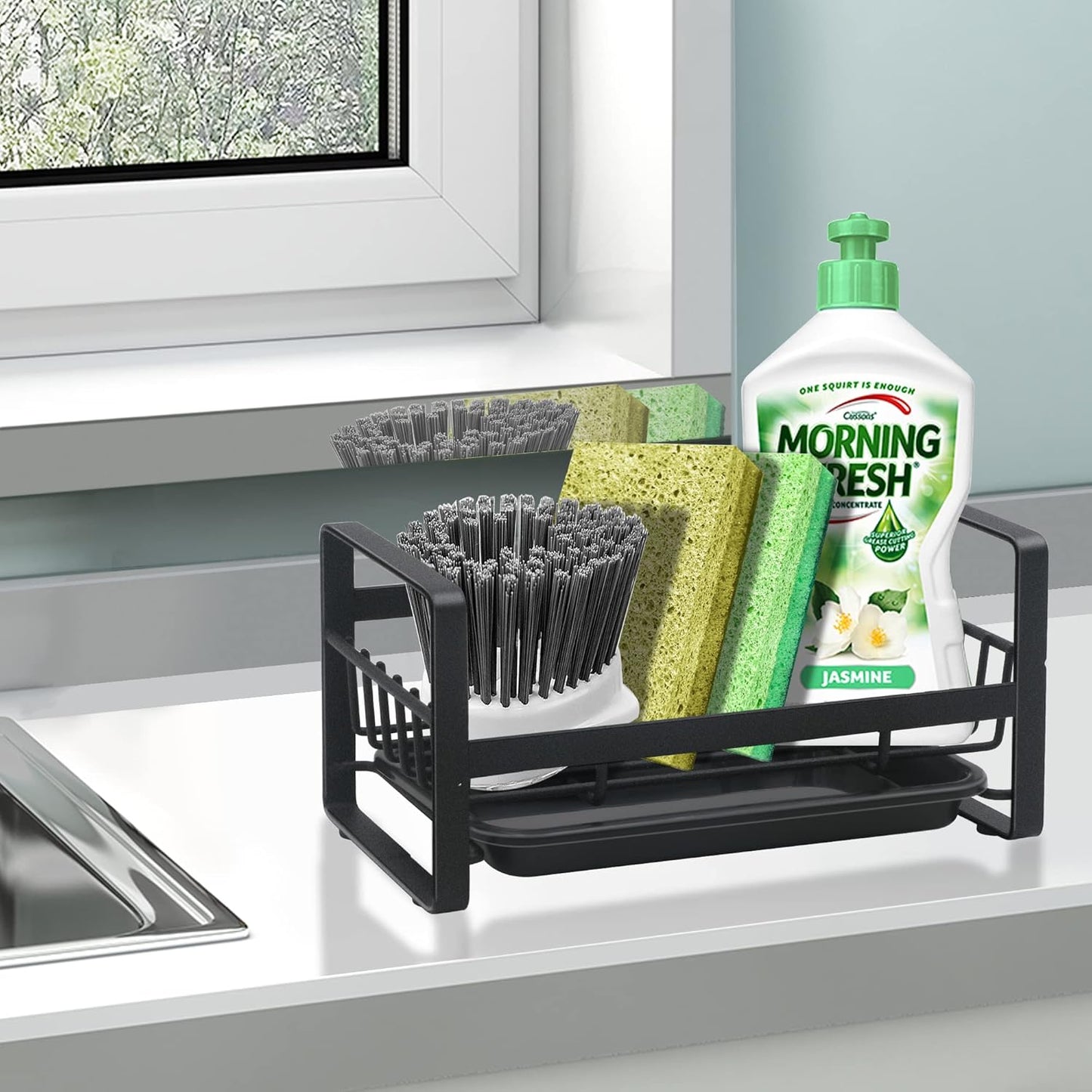 Kitchen Sponge Holder for Sink, Kitchen Sink Caddy Organizer, Sink Tray Drainer Rack, Dish Rags Brush Soap Storage Countertop with Removable Front Drain Pan - Black