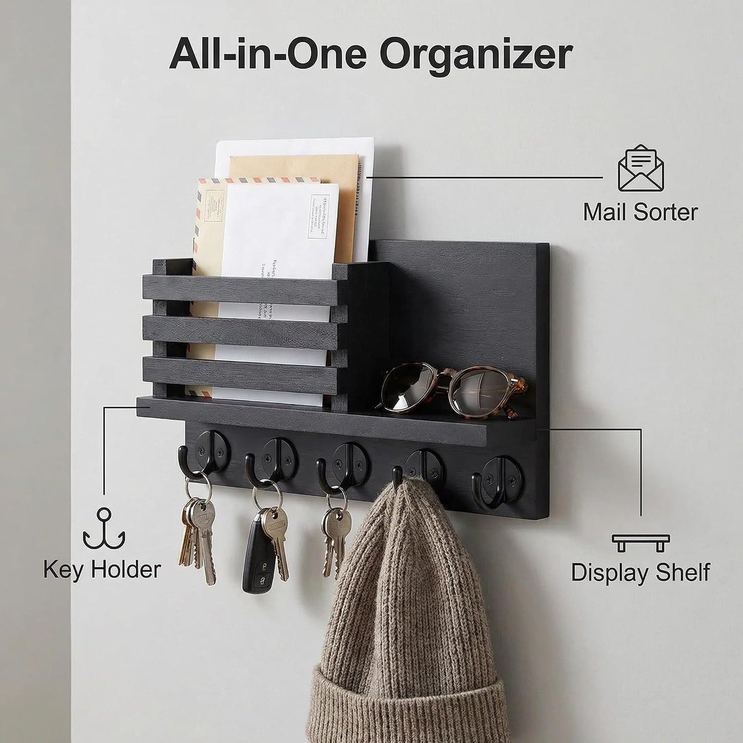 Wall Key Hook, Mail Organizer with 5 Metal Key Hooks, Decorative Key Rack Wall Mount, Tung Wood, 11.8 x 6.7 inches, Includes mounting Hardware (Brown)