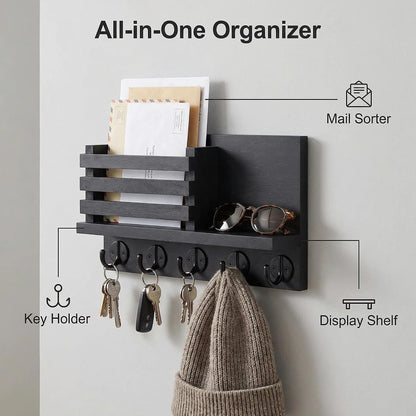 Wall Key Hook, Mail Organizer with 5 Metal Key Hooks, Decorative Key Rack Wall Mount, Tung Wood, 11.8 x 6.7 inches, Includes mounting Hardware (Brown)