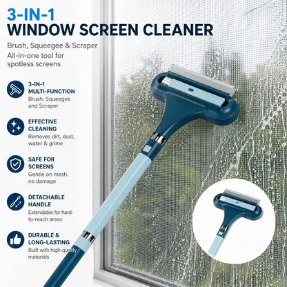 3-in-1 Window Screen Cleaner with Squeegee and Pet Hair Remover, Window Screen Cleaning Brush for Couch, Mesh and Multi-Use Crevice Tool for Patio and Porch Screens (Blue)