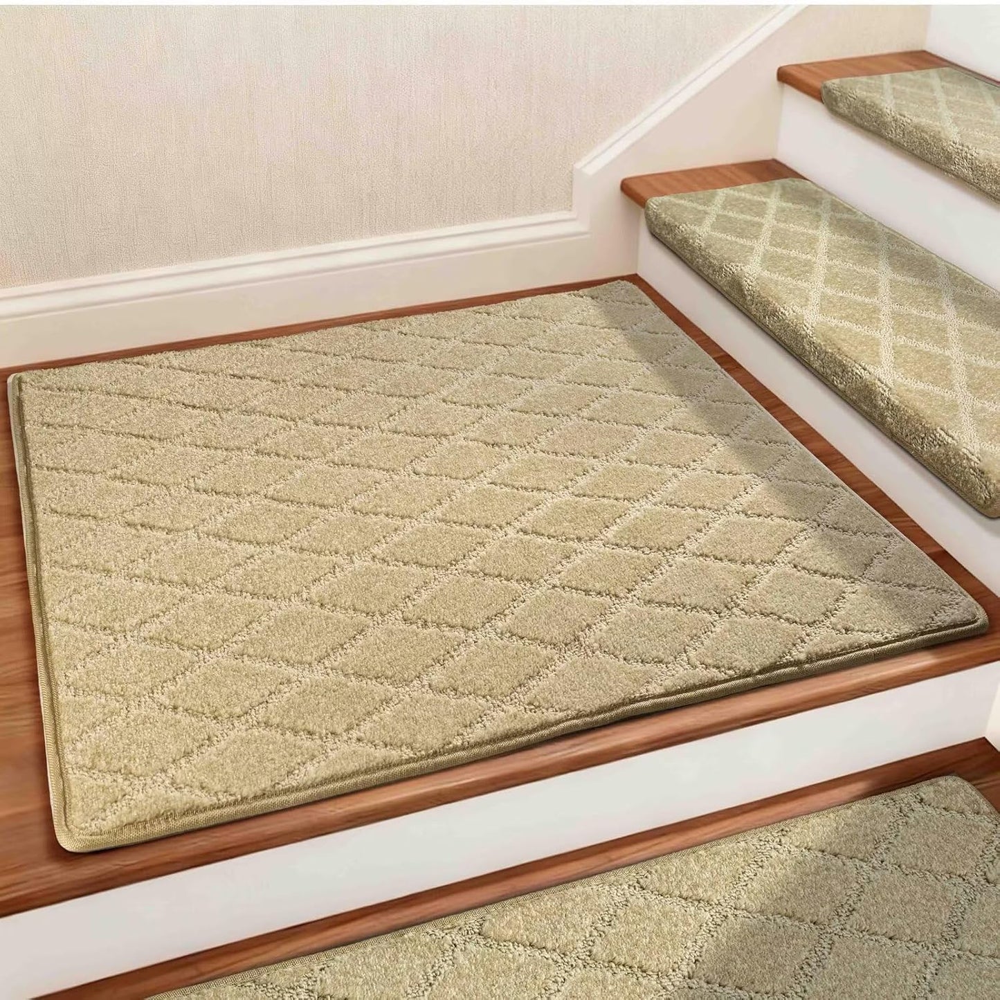 DEXDE Bullnose Stair Treads for Wooden Steps Non-Slip Stair Runner, 14 Pcs | Reusable bullnose carpet Stair Treads Indoor, Peel and Stick Stair Rugs with Edge Protection, Soft Washable, 30"x9.5" Grey
