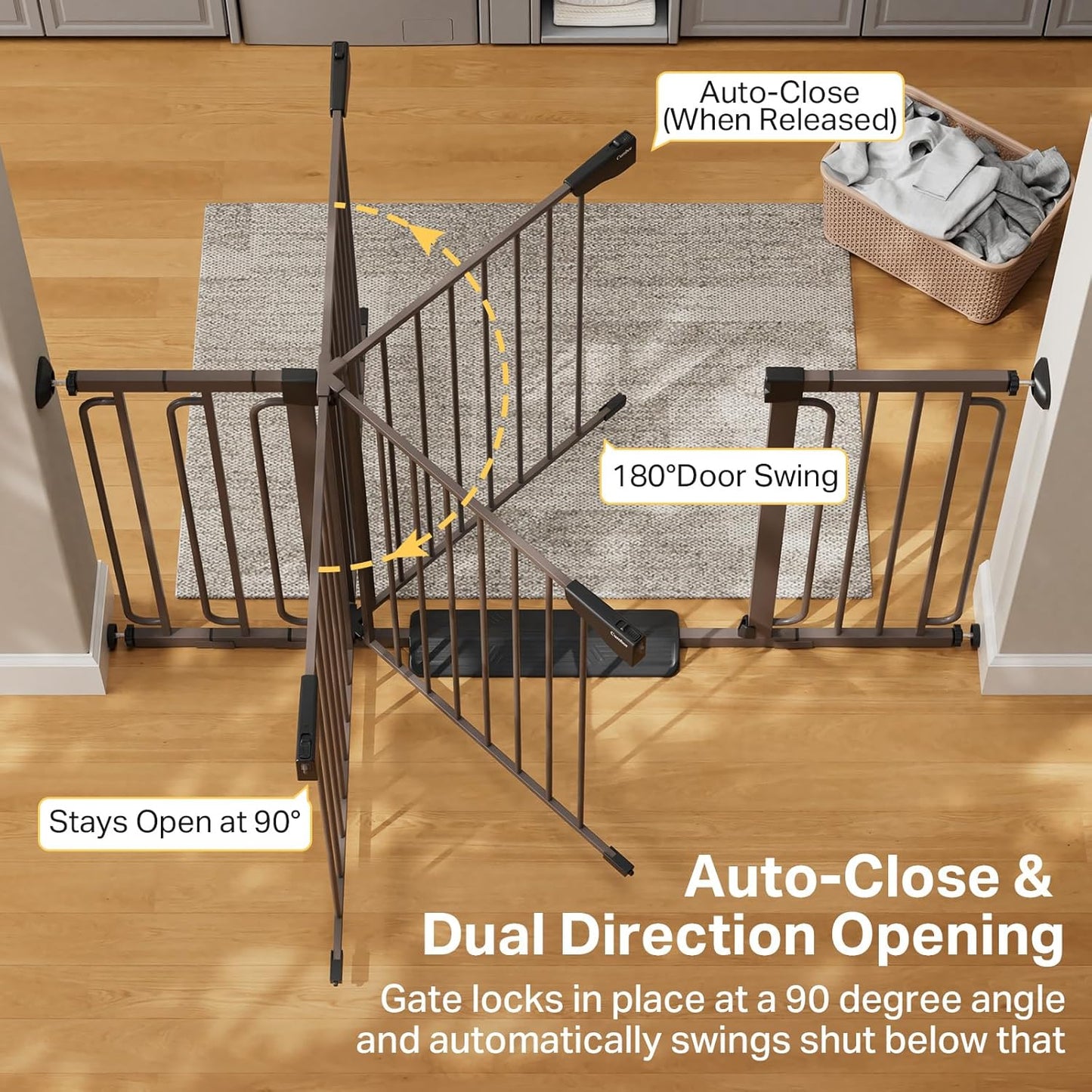 Cumbor 29.7-48" Baby Gate for Stairs, Mom's Choice Awards Winner-Dog Gate for Doorways, Auto Close Safety Pet Gate for Dogs Indoor, Easy Install Pressure Mounted Child Gate with Walk Thru Door, Brown