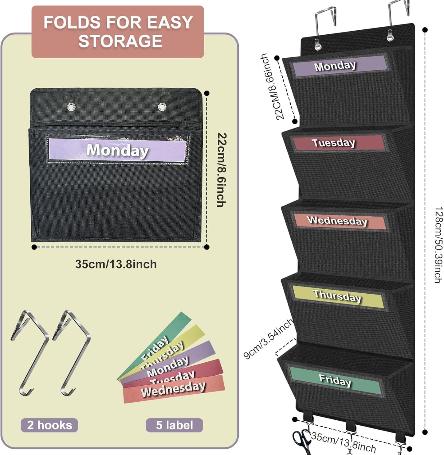 homyfort Over the Door File Organizer, Wall Hanging File Folders with 5 Large Pocket for Mails, Magazines, Back to School Supplies,Office Chart Storage, Paper Organization (Grey)