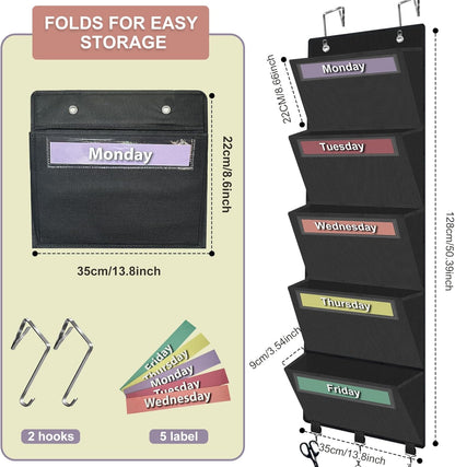 homyfort Over the Door File Organizer, Wall Hanging File Folders with 5 Large Pocket for Mails, Magazines, Back to School Supplies,Office Chart Storage, Paper Organization (Grey)