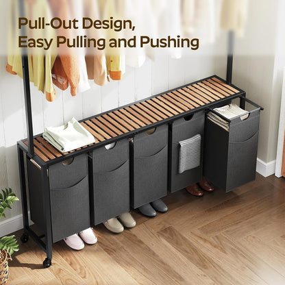 YATINEY Laundry Sorter 4 Section, Rolling Laundry Hamper with Hanging Rack, Laundry Sorter with Wheels, Hampers for Laundry, Laundry Basket Organizer for Laundry Room, Rustic Brown LS47BR