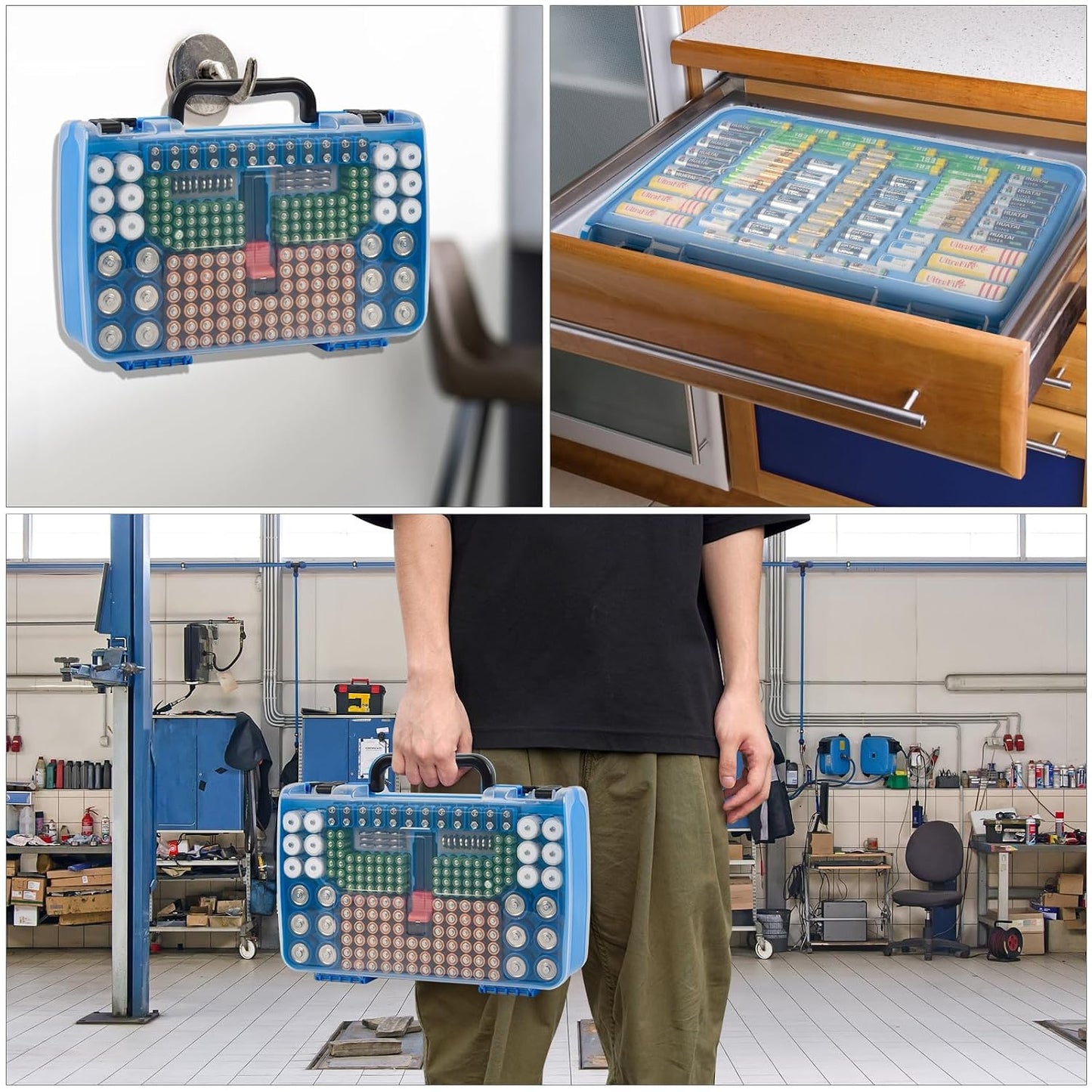 FULLCASE Double-Sided Battery Storage Organizer Case with BT-168 Tester, Holds 269, Fits AA AAA AAAA C D 9V 18650 CR123A CR2 23A 4LR44 and Coin Cells, Water-Resistant, Portable Handle - Deep Blue