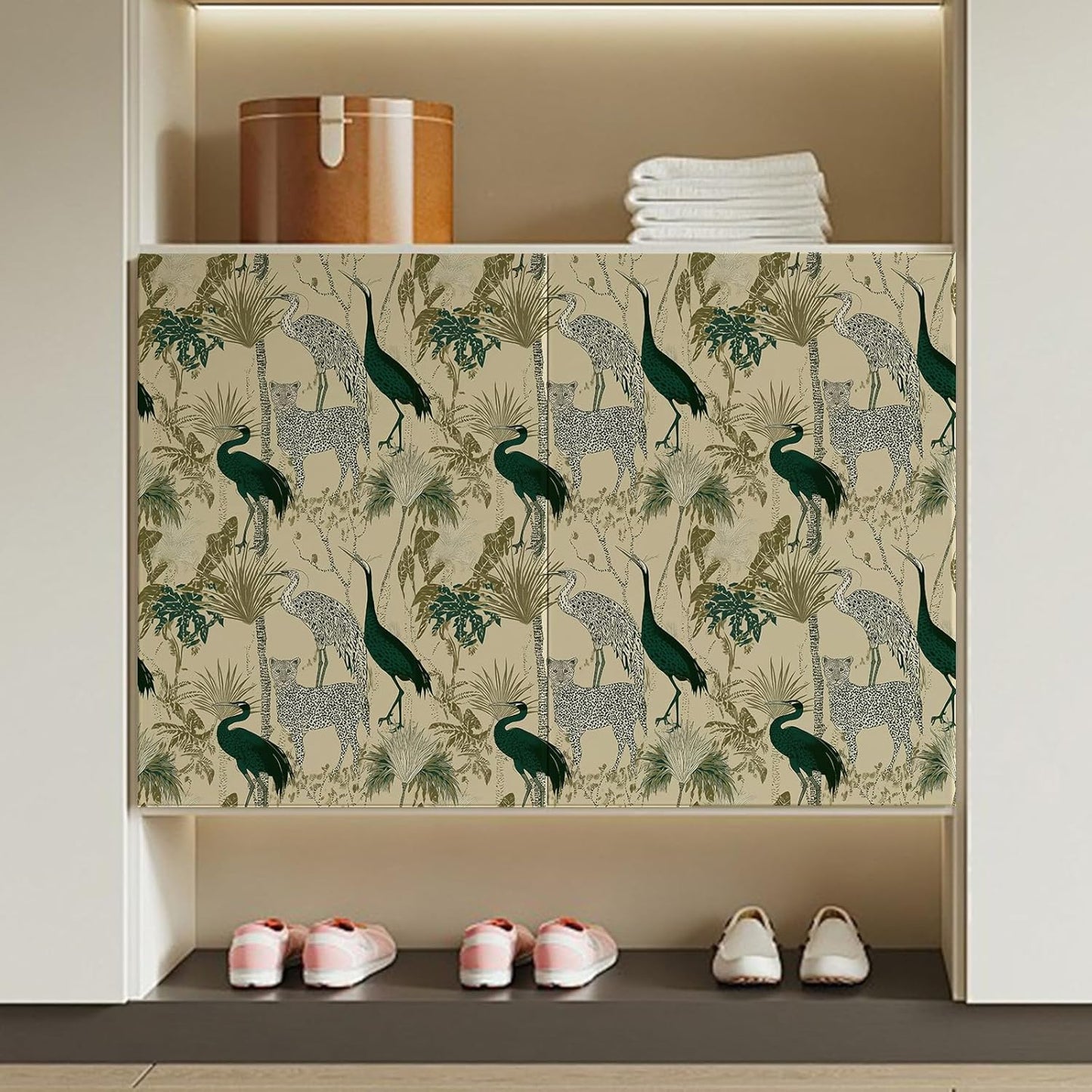 Peel and Stick Wallpaper, Leopard, Crane & Tropical Plant Pattern, Self - Adhesive Removable, PVC Contact Paper for Bedroom/Living Room/Kitchen/Bathroom/Cabinet, Renter Friendly ﻿