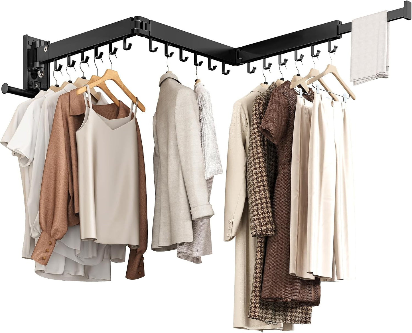 Wall Mounted Tri-Fold Clothes Drying Rack, Heavy Duty Collapsible Laundry Drying Rack, Space-Saving Retractable Foldable Drying Rack Clothes for Laundry Room Balcony Bathroom,Black-Hooks