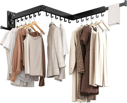 Wall Mounted Tri-Fold Clothes Drying Rack, Heavy Duty Collapsible Laundry Drying Rack, Space-Saving Retractable Foldable Drying Rack Clothes for Laundry Room Balcony Bathroom,Black-Hooks
