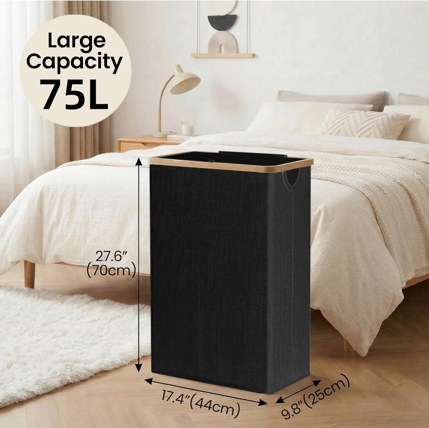 efluky Slim Laundry Basket with Lid, Narrow Laundry Hamper with Removable Bag, Skinny Dirty Clothes Basket with Bamboo Handles for Bathroom, Bedroom & Laundry Room, 75L Beige