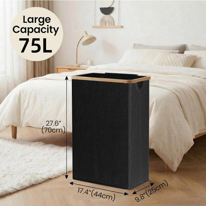 efluky Slim Laundry Basket with Lid, Narrow Laundry Hamper with Removable Bag, Skinny Dirty Clothes Basket with Bamboo Handles for Bathroom, Bedroom & Laundry Room, 75L Beige