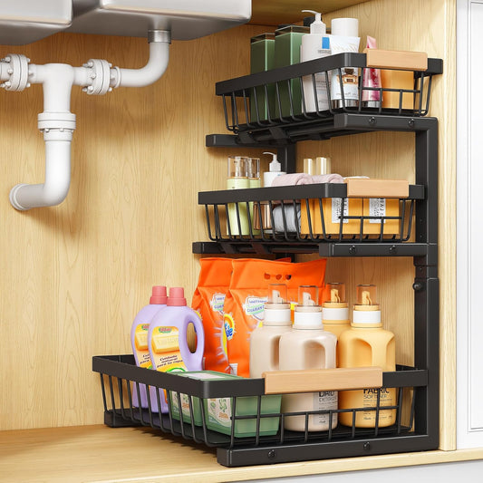 PXRACK Under Sink Organizer, 3-Tier 2-Pack Adjustable Height Pull Out Under Cabinet Organizer, Slide Out Thickened Metal Under Sink Storage for Kitchen Bathroom Laundry Pantry Organization, Black