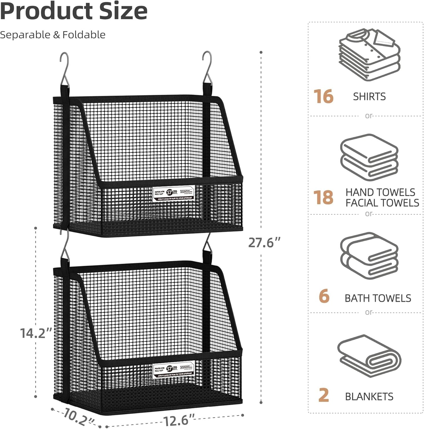 STORAGE MANIAC 3 Tier Hanging Closet Organizer with Mesh Baskets, Clothes Hanging Shelves, Foldable Stackable Storage, Space-Saving Collapsible Basket with Hooks for RV, Dorm, Bedroom, College, Black