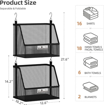 STORAGE MANIAC 3 Tier Hanging Closet Organizer with Mesh Baskets, Clothes Hanging Shelves, Foldable Stackable Storage, Space-Saving Collapsible Basket with Hooks for RV, Dorm, Bedroom, College, Black