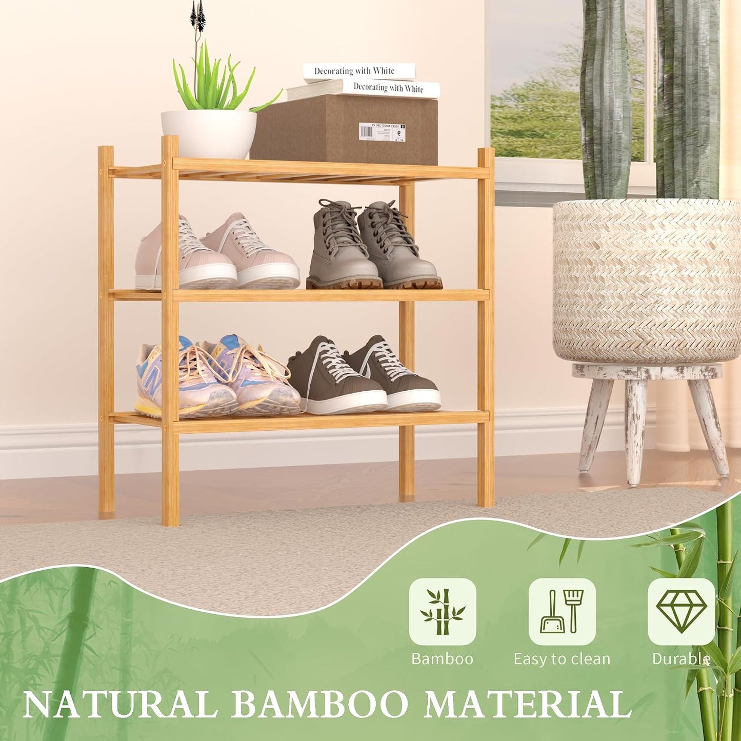 ROMGUAR CRAFT 3 Tier Bamboo Shoe Rack for Closet Free Standing Wood Shoe Shelf Storage Organizer for Entryway Small Space Stackable 27"x11"x20" (Natural)