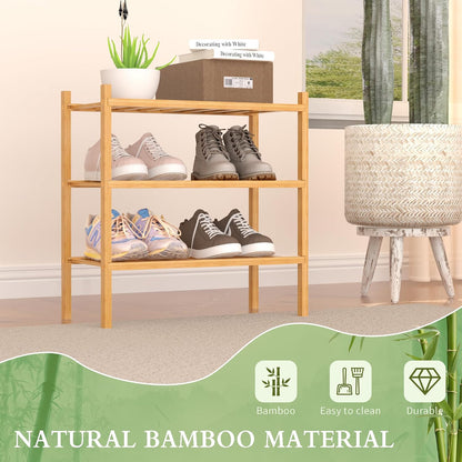 ROMGUAR CRAFT 3 Tier Bamboo Shoe Rack for Closet Free Standing Wood Shoe Shelf Storage Organizer for Entryway Small Space Stackable 27"x11"x20" (Natural)