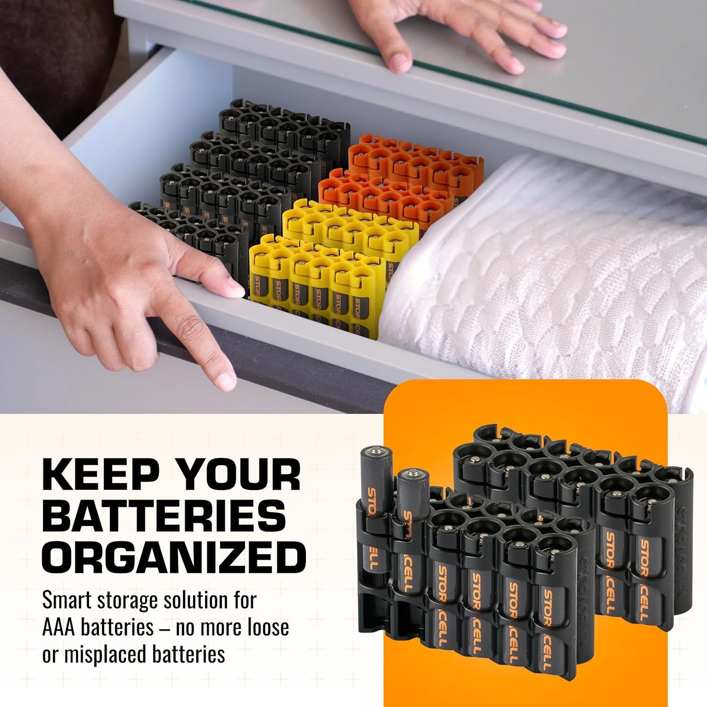 AAA Battery Storage Caddy by Storacell, Yellow, Holds 12 Batteries (Not included)