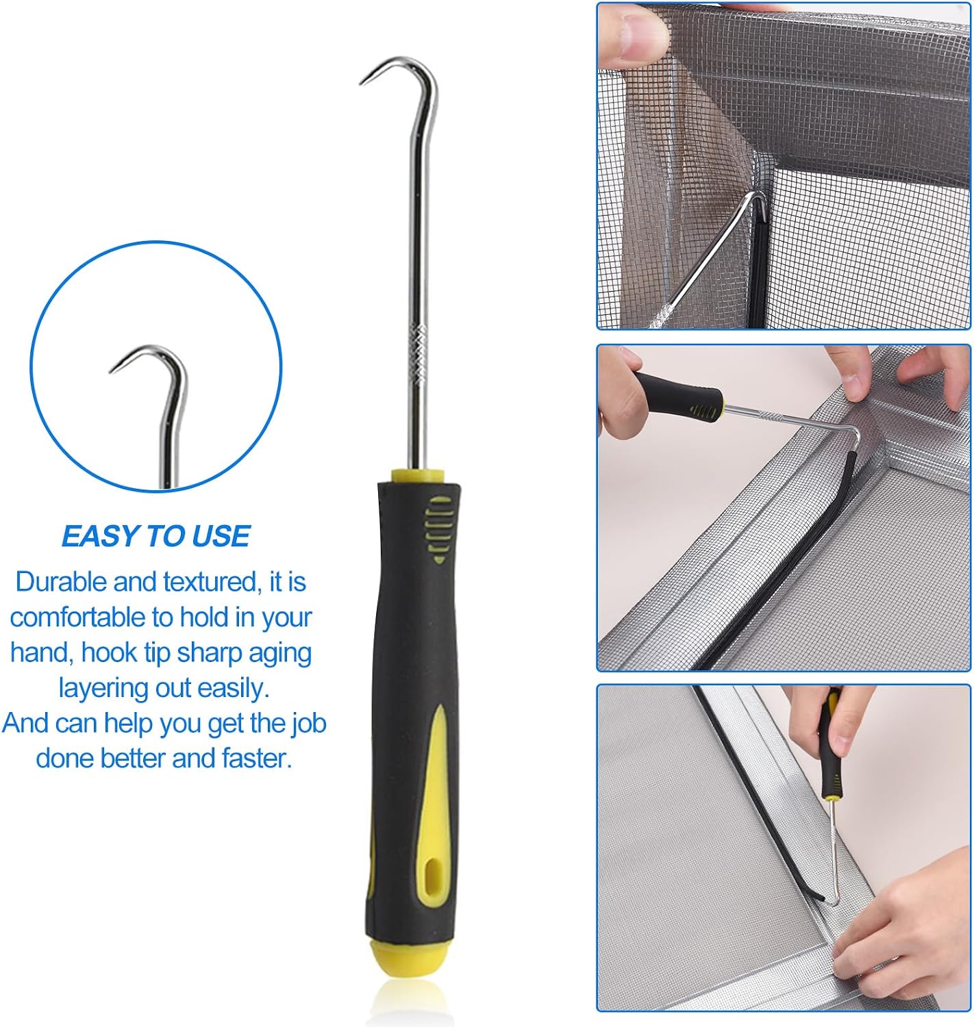 BAYTORY Upgrade Window Screen Repair Kit, Steel/Nylon Roller Tool with Bearing | Spline Removal Hook and 12Pcs Screen Clips Replacement for Installing Door Mesh Screens