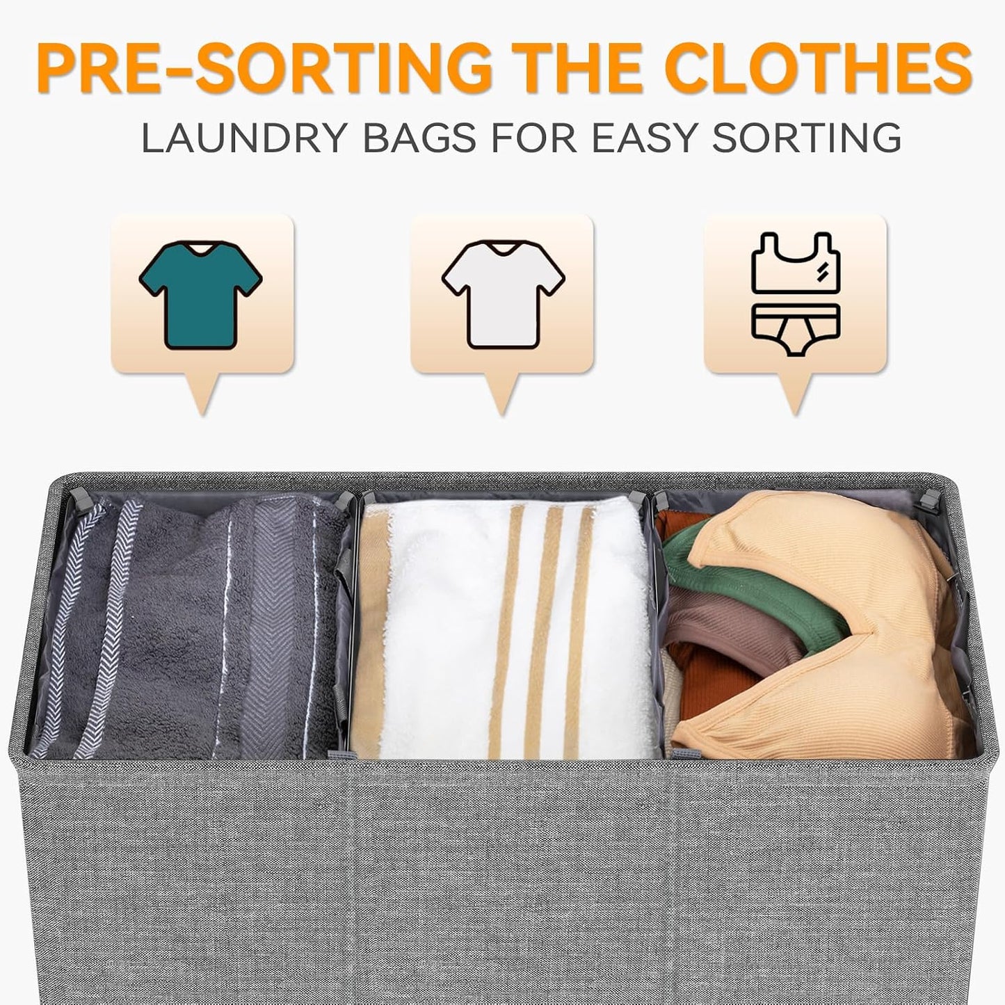 WOWLIVE 180L Laundry Hamper with Lid 3 Section,Large Laundry Basket with Removable Bags and Handles,Collapsible Dirty Clothes Hampers for Laundry,Laundry Basket Organizer for Laundry Room,Dorm,Beige