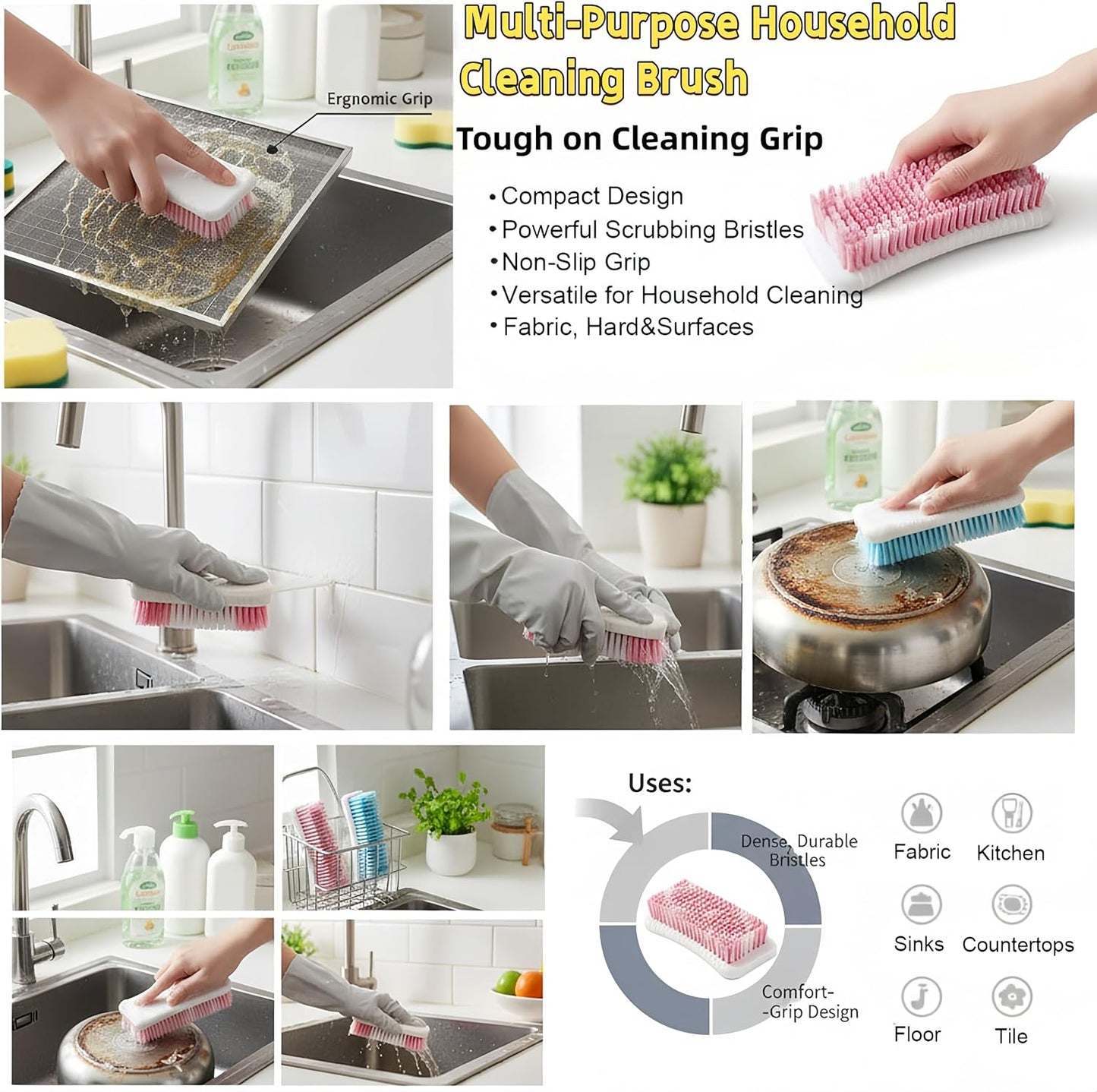 Outdoor Scrub Brush Heavy Duty Scrub Brushes Scrubbing Cleaning Brush Set | 4 Pack Scrub Brush for Cleaning with Stiff Bristle Deep Cleaning Brushes for Bathroom, Floor, Shower, Carpet, Bathtub