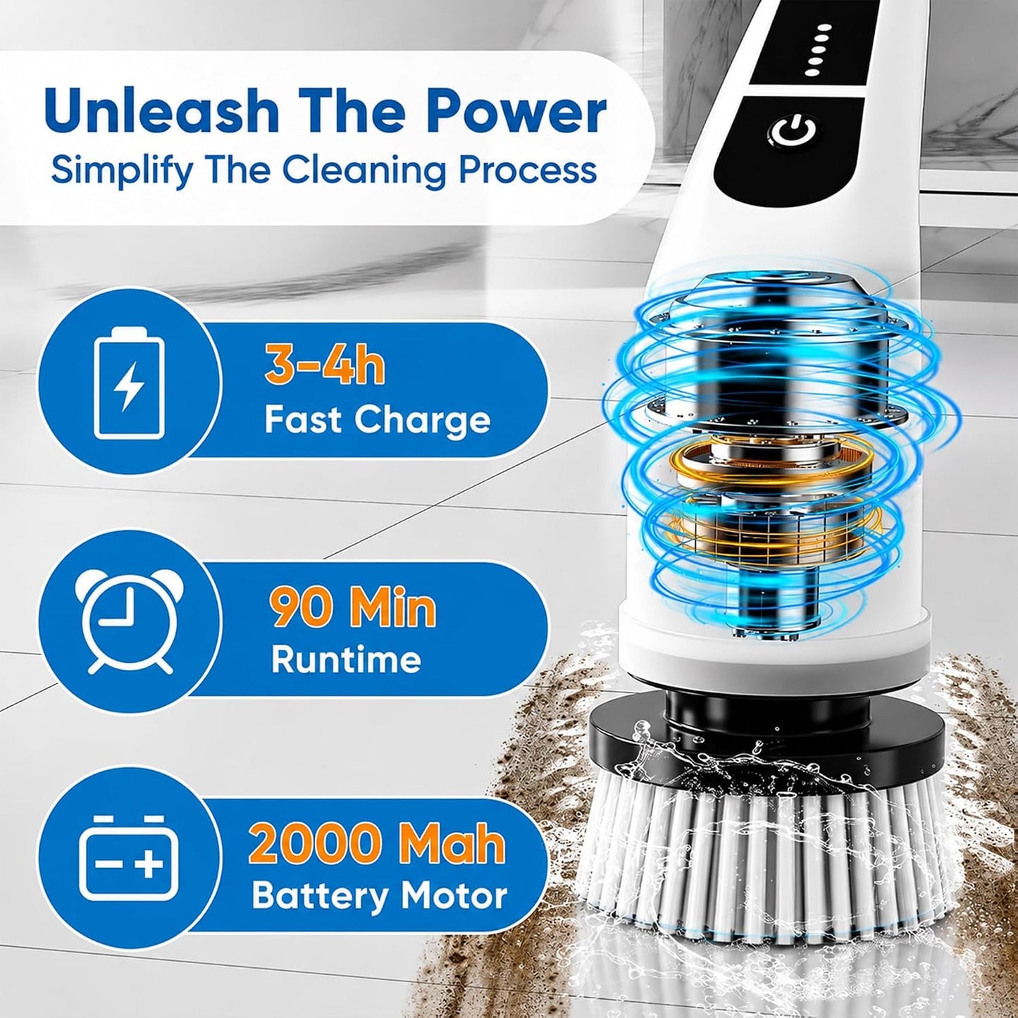7-in-1 Electric Spin Scrubber with Long Handle, Cordless Power Scrubber with 2 Speeds & 7 Replaceable Brush Heads for Bathroom, Shower, Bathtub, Tile, Floor, Glass & Car Cleaning.