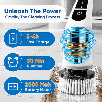 7-in-1 Electric Spin Scrubber with Long Handle, Cordless Power Scrubber with 2 Speeds & 7 Replaceable Brush Heads for Bathroom, Shower, Bathtub, Tile, Floor, Glass & Car Cleaning.