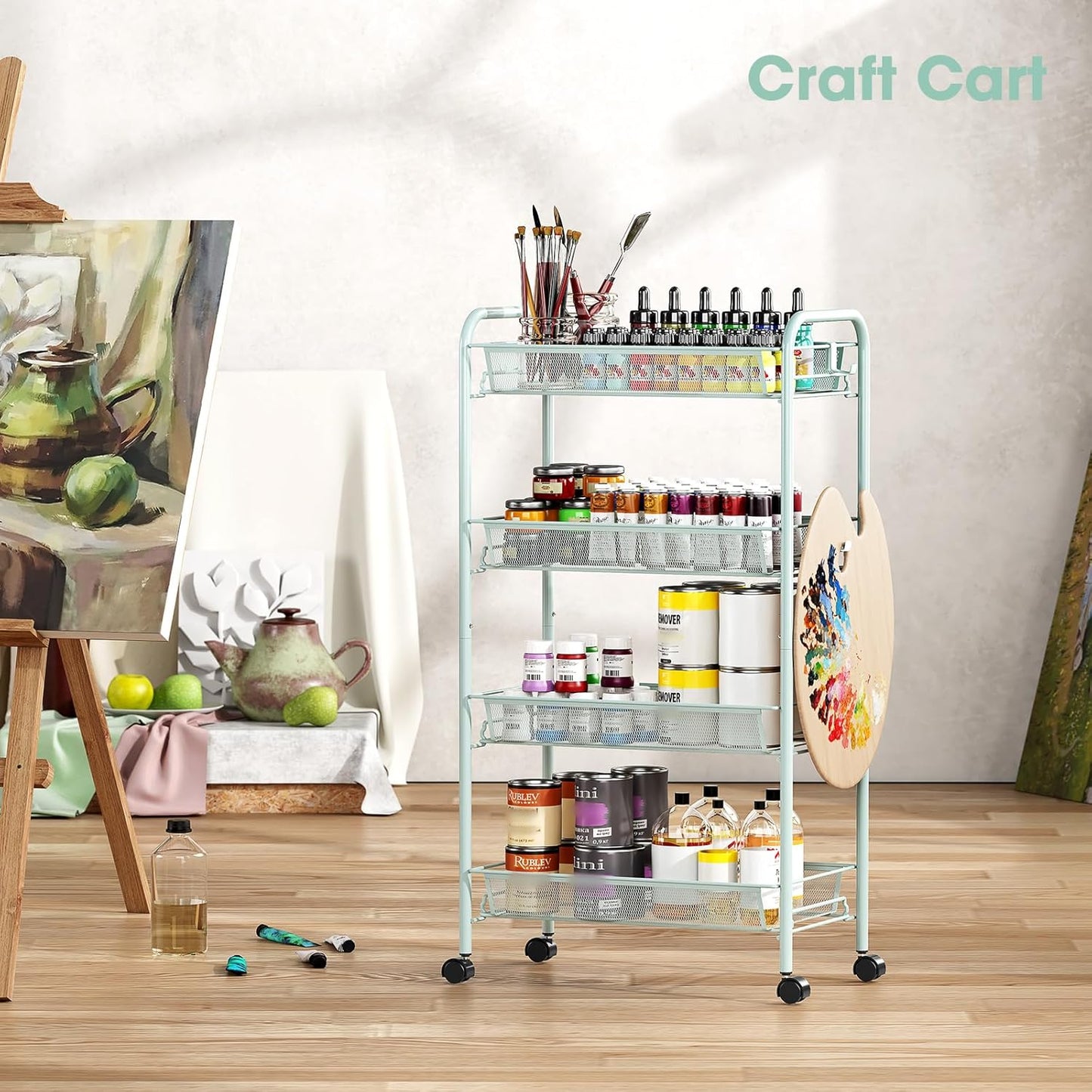 TOOLF 3-Tier Metal Rolling Cart, Mesh Wire Easy Assemble Utility Cart, Storage Trolley on Wheels with 3 Hooks, MetalStorage Shelving Units for Kitchen Bathroom Laundry Room