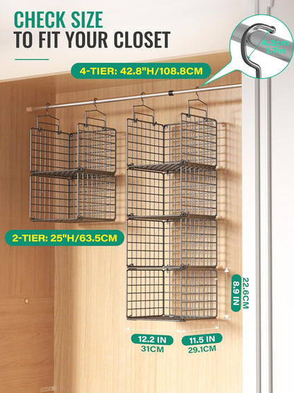 Hanging Closet Organizer, 4 Tier Metal Closet Organizers and Storage with 4 Hanging Hooks 4 S-Hooks for Wardrobe Laundry Room, Wire Storage Shelf for Clothes Sweaters Pants (White)