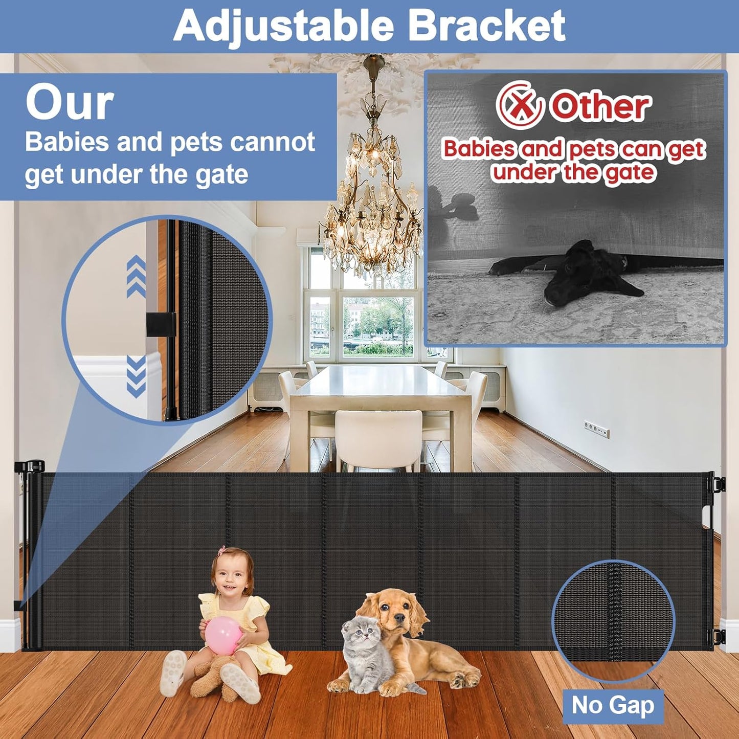 Reinforced Retractable Baby Gates with Support Beam 60" Wide Retractable Dog Gate Indoor Prevent Children and Dogs from Crawling Under Outdoor Dog Gate for Deck Mesh Gates for Kids or Pets, Black
