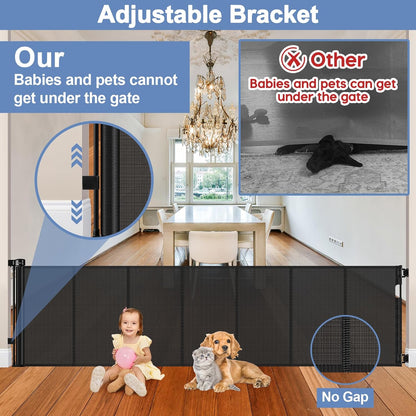 Reinforced Retractable Baby Gates with Support Beam 60" Wide Retractable Dog Gate Indoor Prevent Children and Dogs from Crawling Under Outdoor Dog Gate for Deck Mesh Gates for Kids or Pets, Black