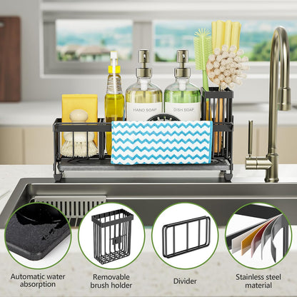 Cisily Extra Large Sink Caddy Organizer with Drying Stone, Black Sponge Holder for Kitchen, Dish Brush Holder for Countertop, Kitchen Decor Storage and Essentials