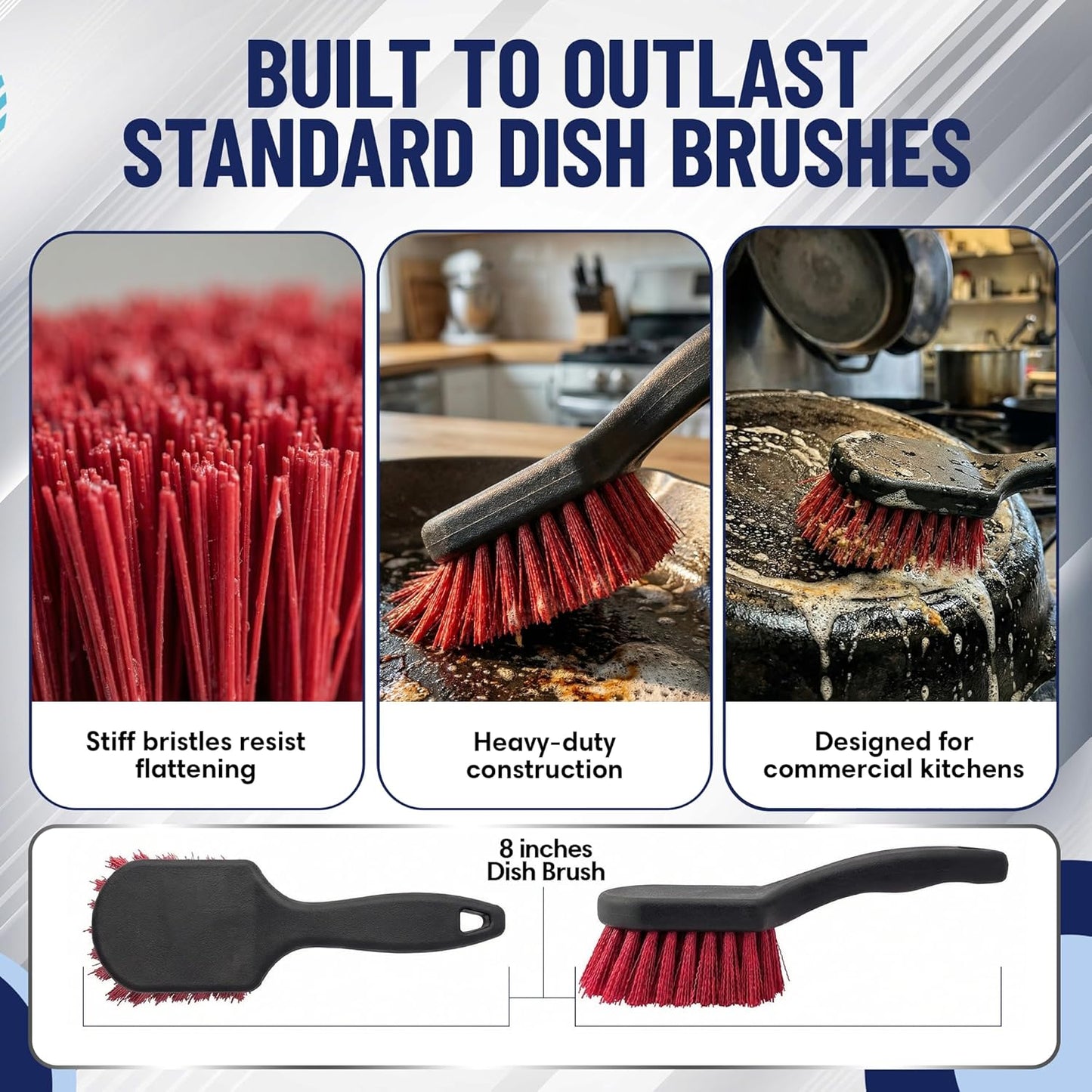 8 Inch Pot & Dish Kitchen Scrub Brush for Heavy-Duty Cleaning – Stiff Bristle Scrubber for Sink, Cast Iron, and Grill Grates - Kitchen Dish Scrubber Brush - 90048 by FryOilSaver Co.