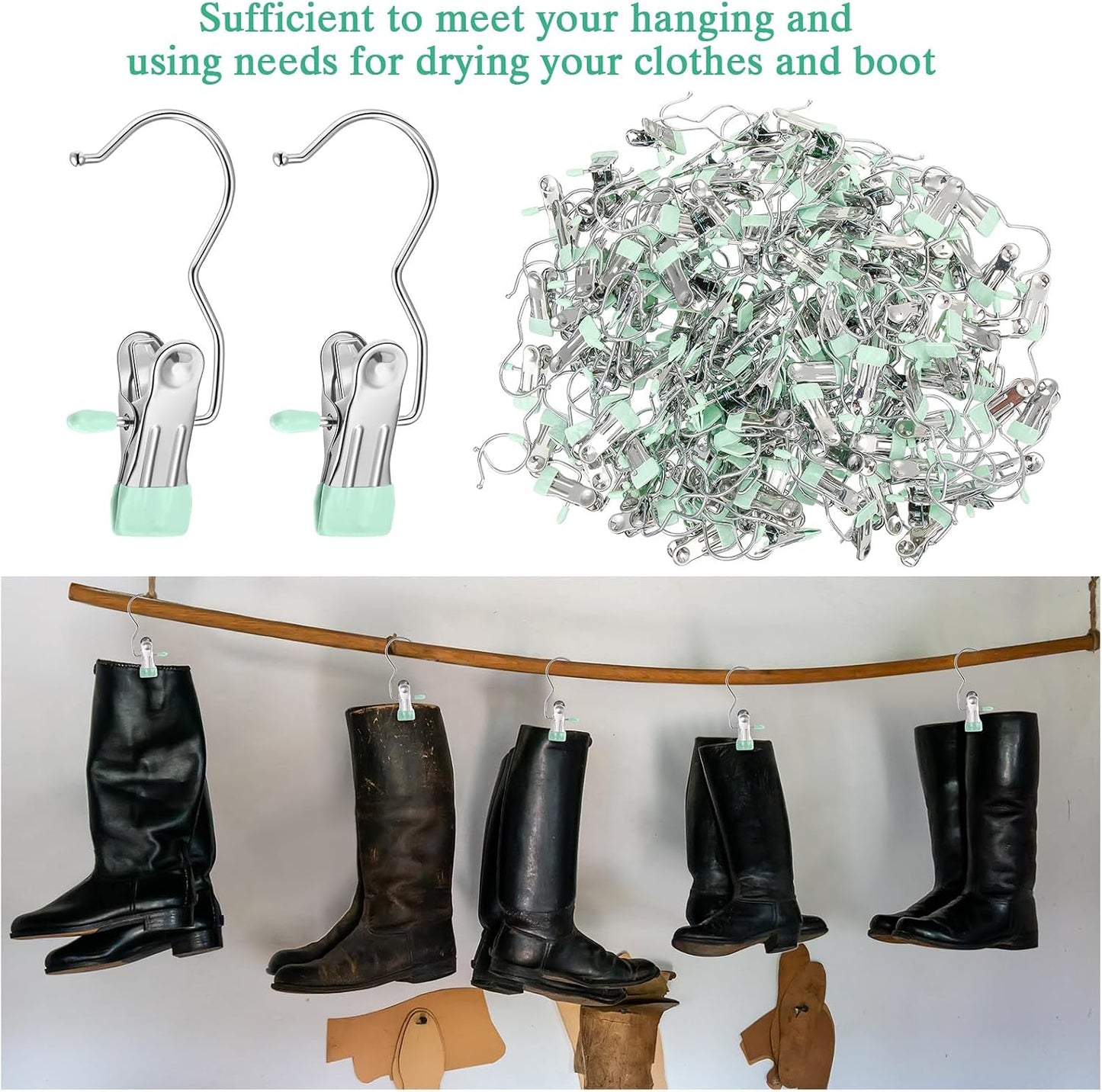 Yinder 150 Pcs Boot Hangers Clips Laundry Hooks Hanging Stainless Steel Clothes Pins Portable Clip Hangers for Closet Travel Socks Pants Handbags Hats Towels (Beige)