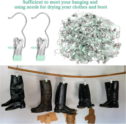 Yinder 150 Pcs Boot Hangers Clips Laundry Hooks Hanging Stainless Steel Clothes Pins Portable Clip Hangers for Closet Travel Socks Pants Handbags Hats Towels (Beige)