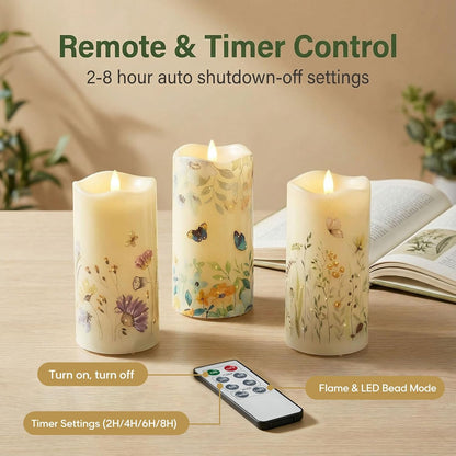 Eywamage Fiber Optic Flameless Pillar Candles with Remote, Floral Butterfly Spring LED Candles Flickering Home Decor Gift Set of 3