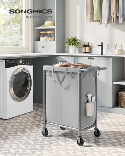 SONGMICS Laundry Basket with Wheels, 3-Section Rolling Laundry Hamper, 52.8 Gallons (200 L), Removable Liner, Steel Frame with Handle, 35.8 x 15.4 x 31.9 Inches, Cream White URLS005W01