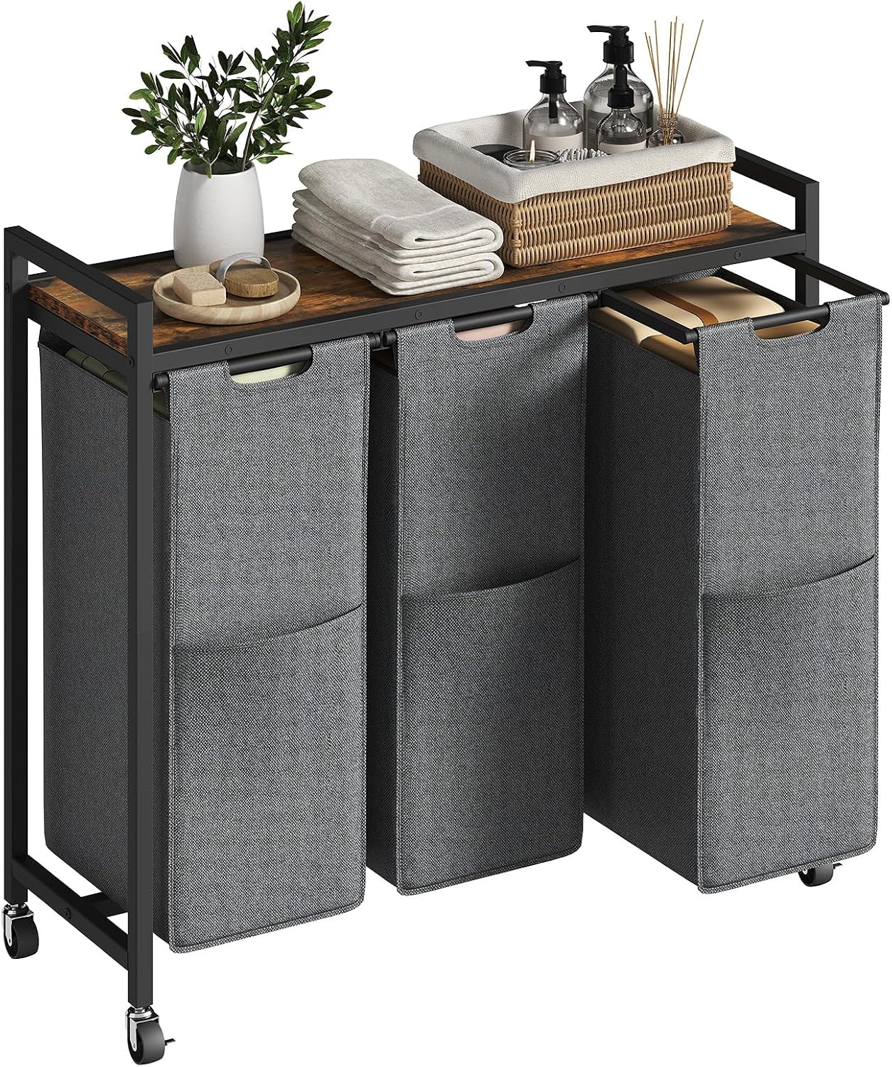 HOOBRO Laundry Sorter 3 Section, Laundry Hamper with Wheels, 3 × 11.5 Gal (43.5 L), Rolling Laundry Basket, Pull-Out and Removable Oxford Fabric Laundry Bags, Rustic Brown and Black BF76XY01