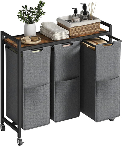HOOBRO Laundry Sorter 3 Section, Laundry Hamper with Wheels, 3 × 11.5 Gal (43.5 L), Rolling Laundry Basket, Pull-Out and Removable Oxford Fabric Laundry Bags, Rustic Brown and Black BF76XY01
