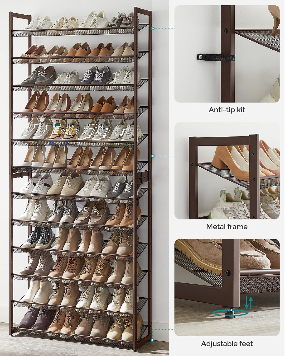 SONGMICS Shoe Rack, 12-Tier Shoe Organizer, Metal Shoe Storage for Garage, Entryway, Set of 2 6-Tier Stackable Shoe Shelf, with Adjustable Flat or Angled Shelves, Holds 48-60 Pairs, Black ULMR12B