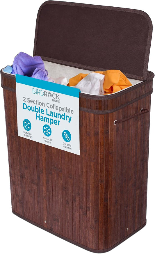 BirdRock Home Double Laundry Hamper with Lid and Cloth Liner | Bamboo | Espresso | Easily Transport Laundry Basket | 2 Section Collapsible Hamper | String Handles