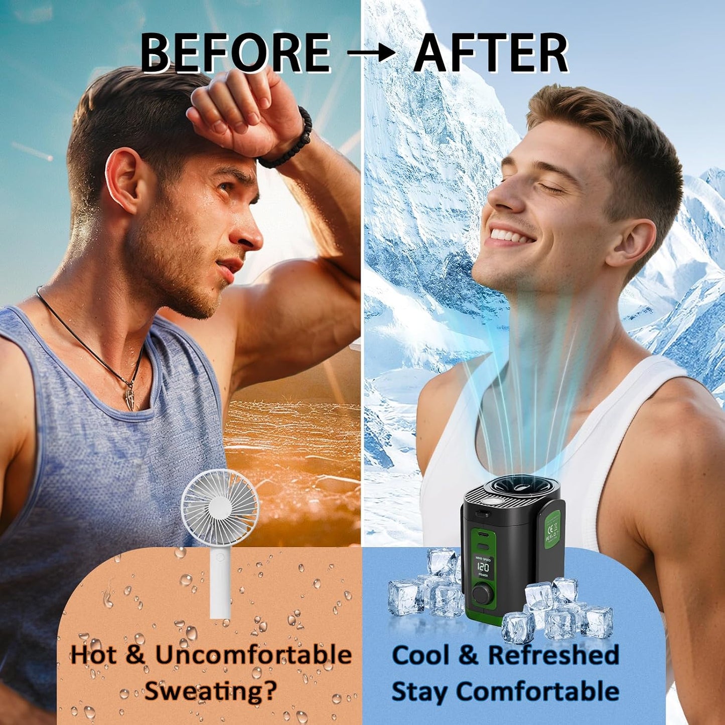 Portable Fan,120-Speed Adjustable Waist Clip Fan Turbo Cooling, Rechargeable Clip-On Personal Fan with LED flashlight,for Outdoor,Travel,Camping