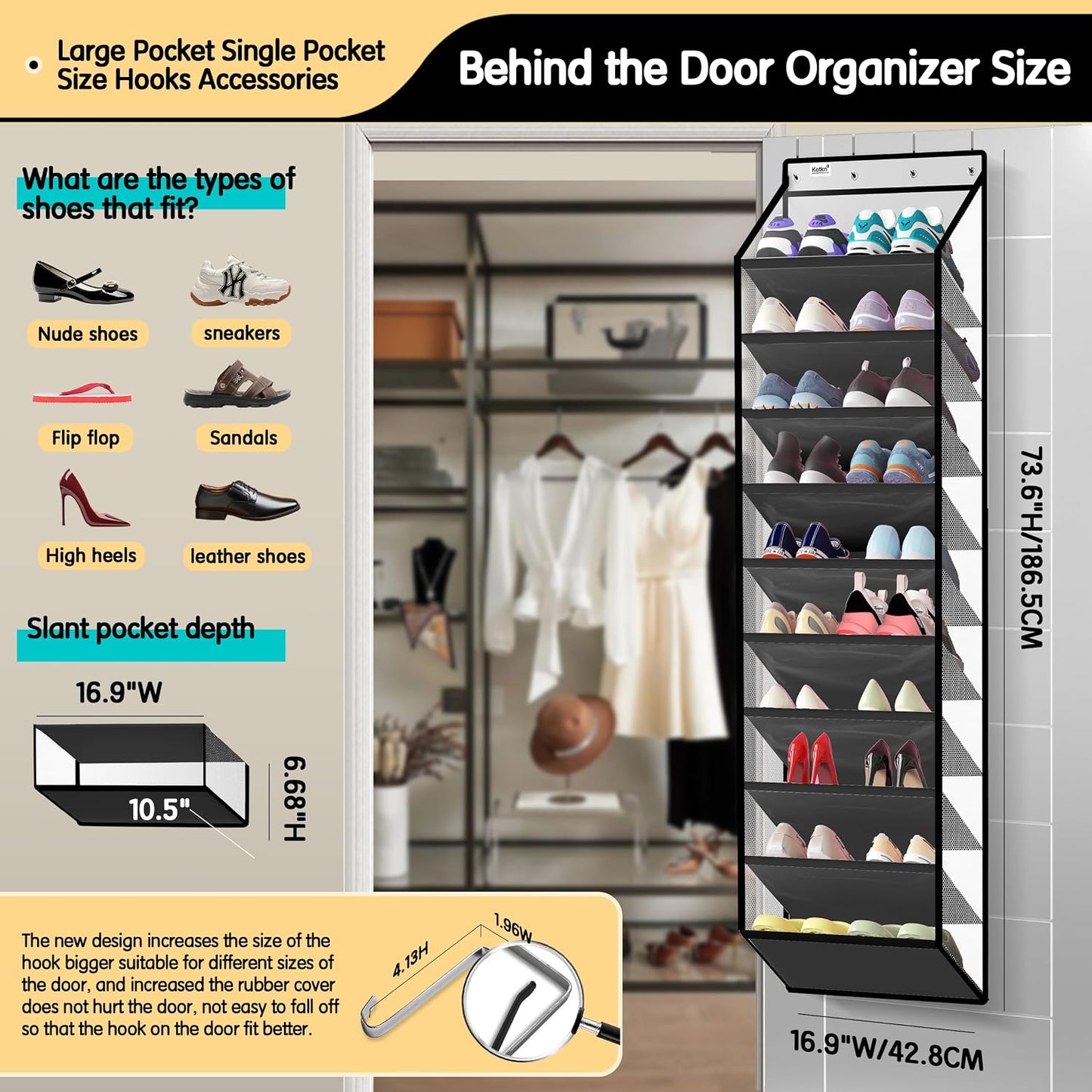 Kotkn 35 Compartment Over The Door Storage - Breathable Mesh Hanging Organizer with Large Pockets, Space Saving Design for Men & Women's Footwear, Closet, Bedroom （White）