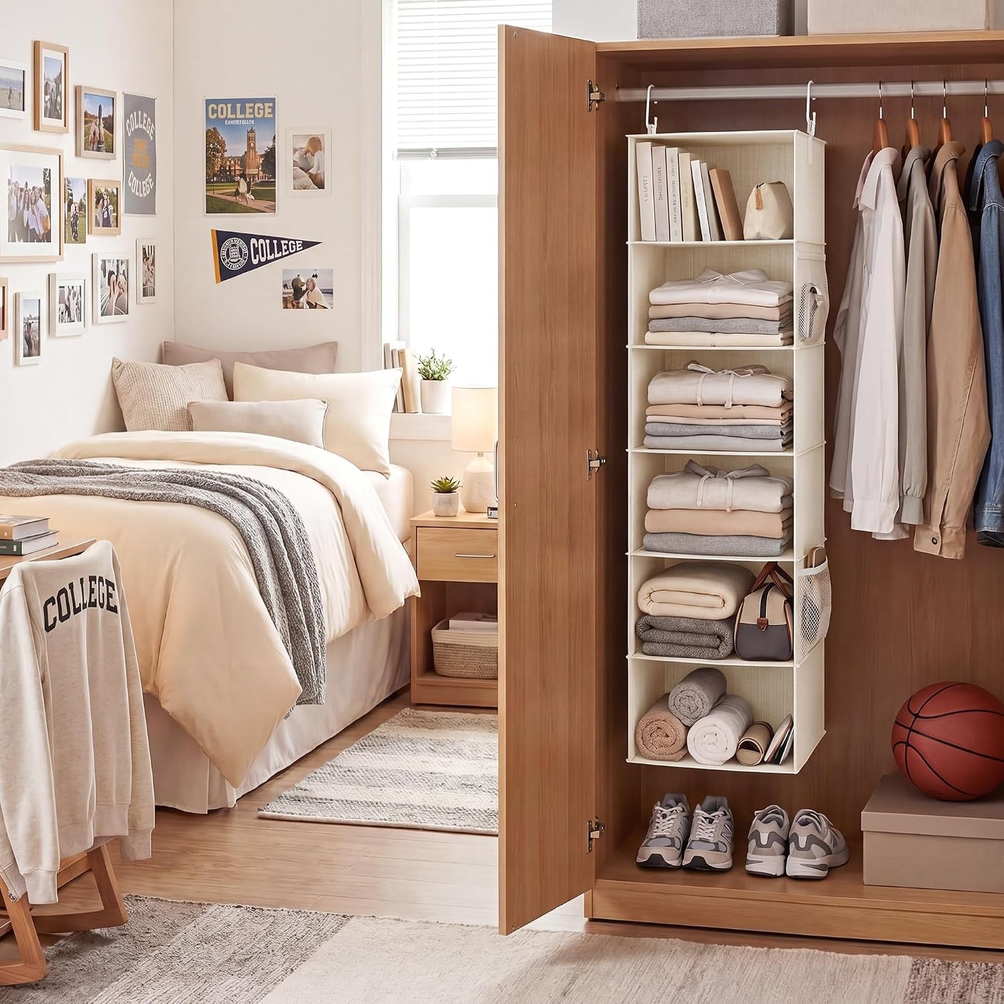 StorageWorks 6-Shelf Hanging Closet Organizer, Hanging Shelves for Closet, Fabric, Mixing of Beige, White & Ivory, 12" D x 12" W x 47 1⁄2" H