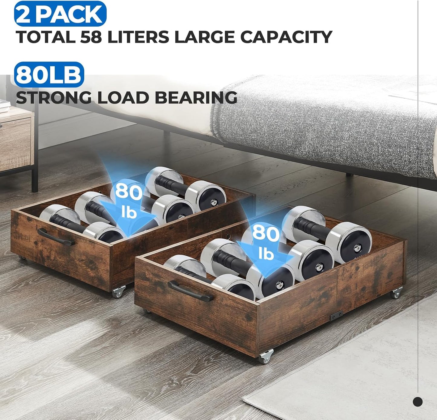 TIOPGHAD 2-Pack Under Bed Storage Drawers Organizer with Wheels, Brown | 58L total capacity, 80 lb per Drawer, Fits 6 in Bed Clearance, Rolling Drawers for Shoes, Clothes, Linens, Toys