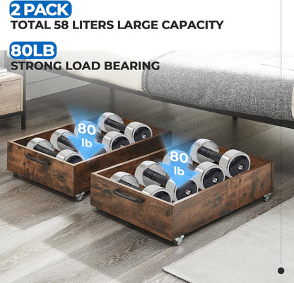 TIOPGHAD 2-Pack Under Bed Storage Drawers Organizer with Wheels, Brown | 58L total capacity, 80 lb per Drawer, Fits 6 in Bed Clearance, Rolling Drawers for Shoes, Clothes, Linens, Toys