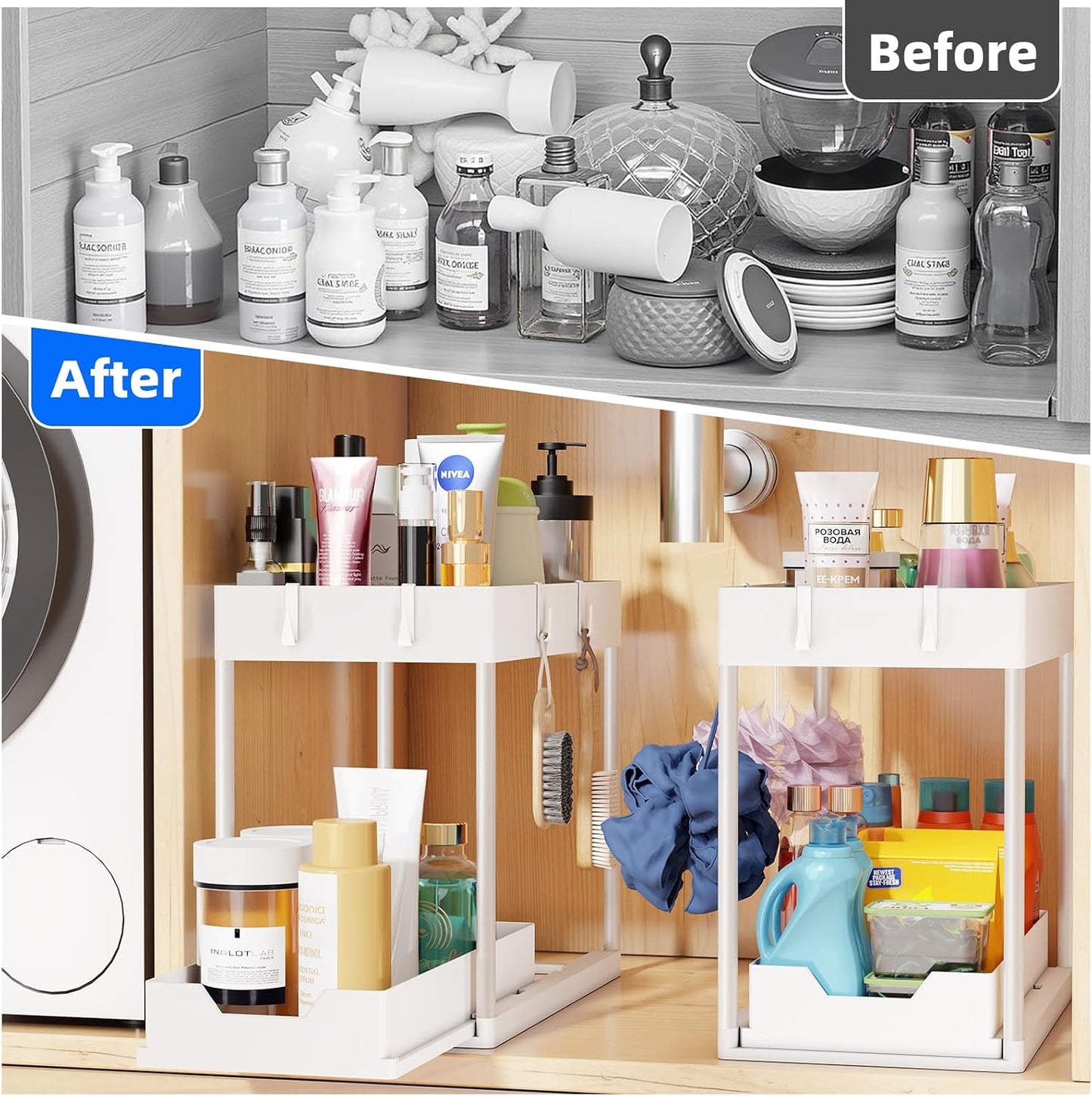 Simple Trending Under Sink Organizer 2 Pack, Sink Pull-Out Sliding Storage Cabinet, 2-Tier Under Shelf Organizer for Kitchen Bathroom, Black